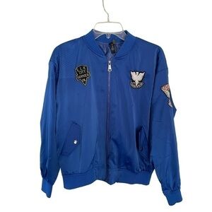 THE STORY Moonwalker patch Harley inspired blue bomber jacket size medium